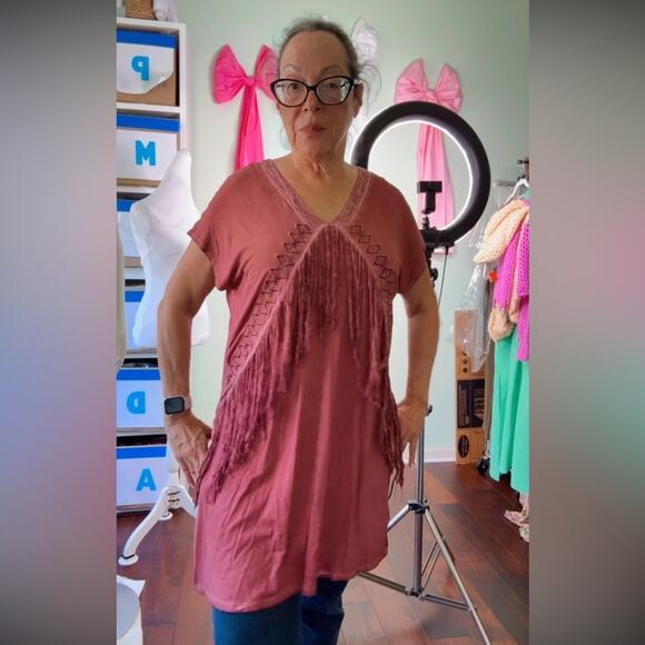 POL Red Brick Fringe V-Neckline Tunic Sleeveless Small Western NWT - Picture 2 of 9